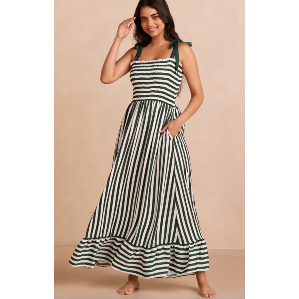 SUMMERSALT | The Silky Luxe Smocked Maxi Dress in Green/White Stripe, Size Small